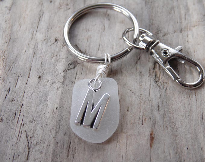 Initial 'M' White Cornish Sea Glass ~ Bag Charm ~ Key Ring
