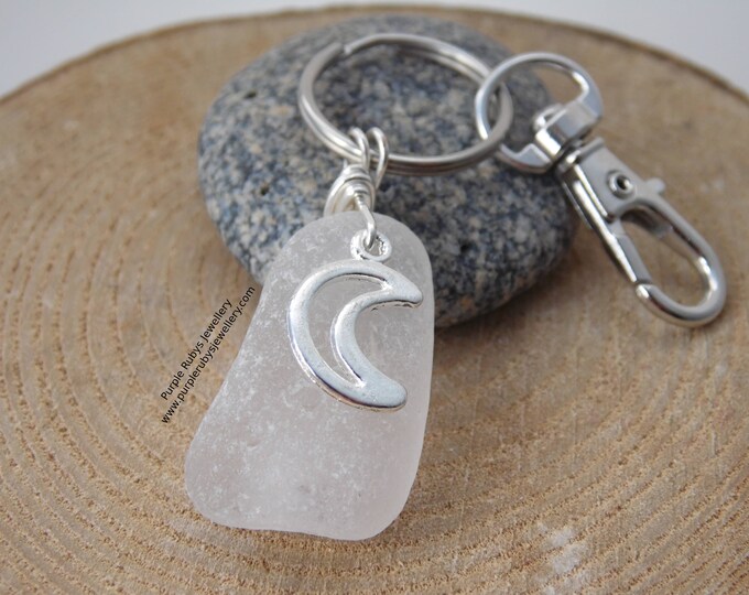 White Sea Glass with Moon Charm ~ Bag Charm ~ Key Ring