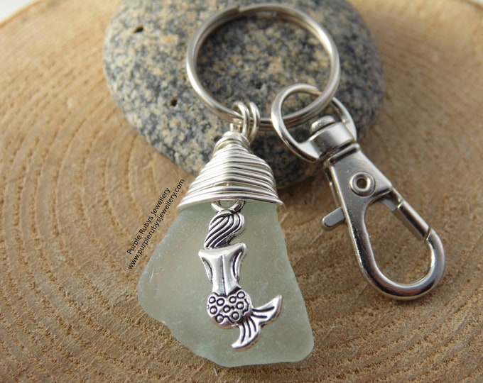 Seafoam Sea Glass with Mermaid Charm ~ Bag Charm ~ Key Ring