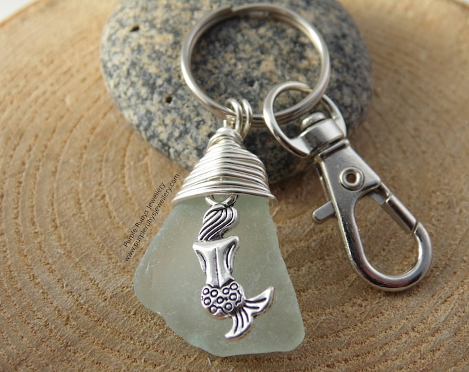 Seafoam Sea Glass with Mermaid Charm ~ Bag Charm ~ Key Ring