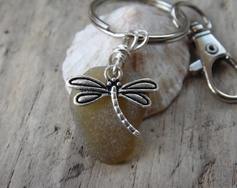 Light Olive Green Cornish Sea Glass with Dragonfly Charm Key Ring ~ Bag Charm