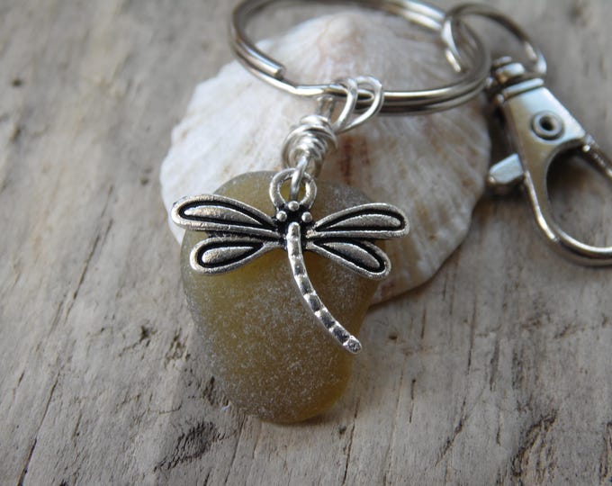 Light Olive Green Cornish Sea Glass with Dragonfly Charm Key Ring ~ Bag Charm