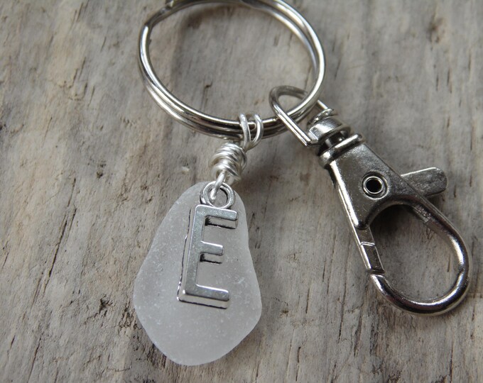 Initial 'E' White Cornish Sea Glass ~ Bag Charm ~ Key Ring