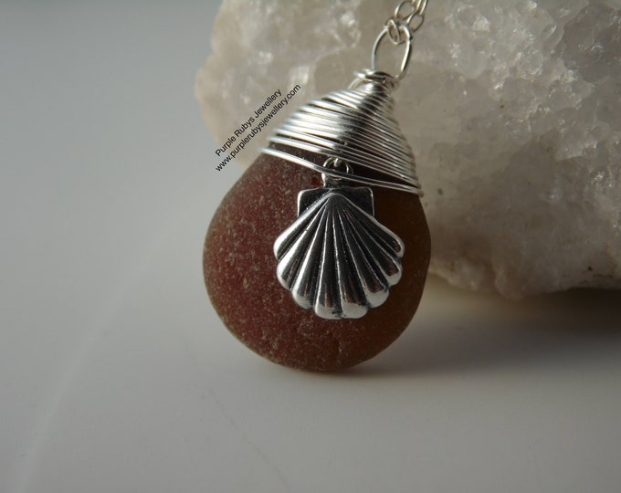 Deep Amber Sea Glass Necklace with Sea Shell Charm