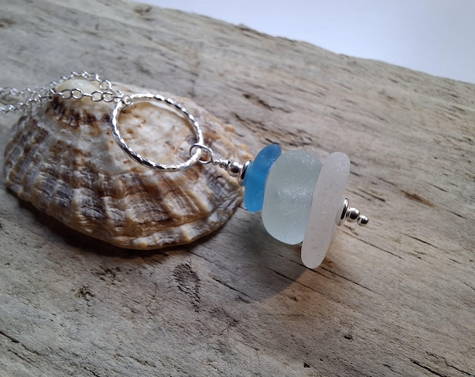 Bright Blue, White, Seafoam  Marazion Sea Glass Stack on Diamond Cut Ring Necklace