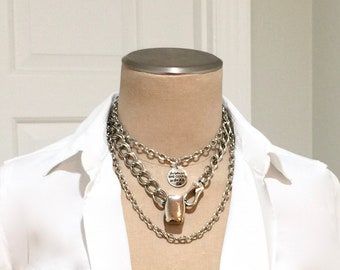 Set of Three, Silver Tone Metal Necklace, Pendant Message, Handmade Boho Style, Multistrand Unisex Jewelry, Modern Unique Bohemian Gothic