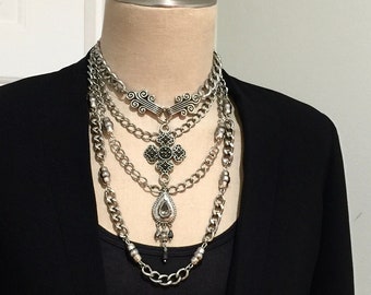 Modern Gothic Victorian Brutalist Style, Heavy Metal Chains, Handmade Silver Tone Choker Necklace, Unisex Boho Jewelry, Trendy Accessory