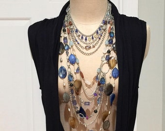 Long Silver Multicolor Boho Necklace, Set of Two (2) Multistrand Trendy Chunky Messy Statement Necklaces,  Handmade Beaded Hippie Jewelry