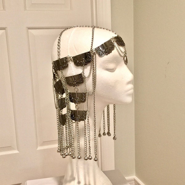 Medieval Headgear, Silver Metal Chain Headdress, Hair Accessory, Victorian Unisex Headpiece, Metal Head Piece Body Jewelry, Halloween Outfit