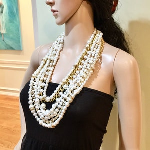 Gold White Opera Pearl Necklace, Multiple Layers Great Gatsby Necklace, Multi Strands Chunky Luxurious Classy Bridal Glass Pearl Jewelry