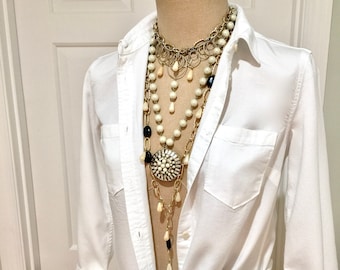 Set of Two Necklaces, Multicolor Faux Pearls, Multistrands Long Necklace, Chunky Boho Jewelry, Mate Gold Tone Chains, Gift for Any Occasion