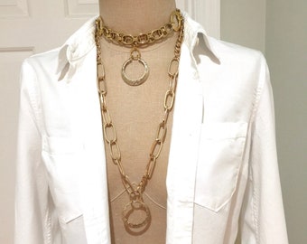 Set von zwei, Gold Farbe Metall Kabel Kette Stil Halsketten, Choker, Lange Chunky Halskette, Handgemachte Unisex Boho Schmuck, Einstellbare Länge