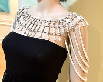 Joyería de boda, elegante collar de hombro de perla de cristal nupcial, collar de hombro Great Gatsby, lujoso collar blanco, cadenas de brazo de perlas