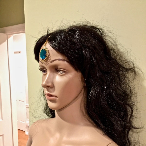 Green & Gold Hair Accessory, Tribal Forehead Jewelry, Gold Tone Tikka Head Piece, Wedding Hair Jewelry, Bridal Head Piece, Boho Head Chain