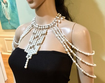 Great Gatsby Shoulder Necklace, Handmade Wedding Jewelry, Classy Bridal Glass Pearl Shoulder Necklace, White Necklace, Pearl Arm Chains