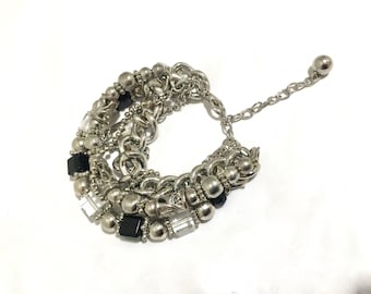 Handmade Modern Boho Style Silver Tone Chain Bracelet, Chunky Messy Trendy Jewelry, Silver Black Arm Wrist Accessory, Multystrand Adjustable