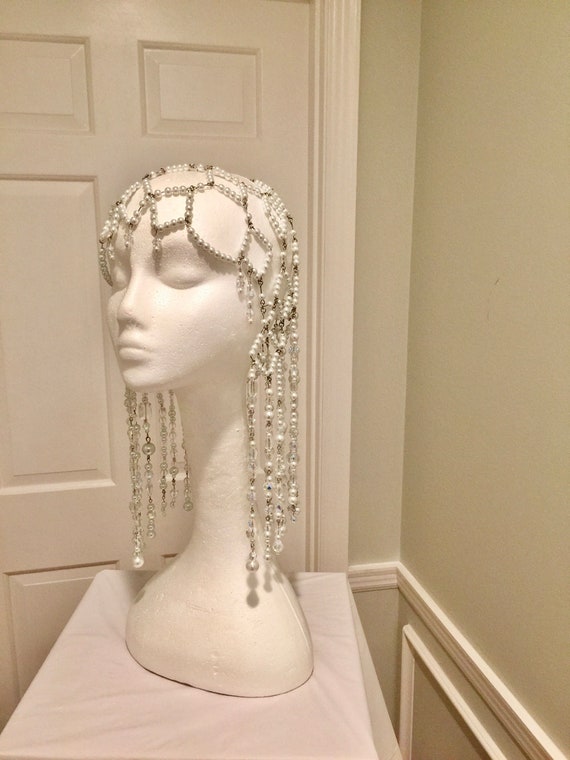 White Pearl Headdress Handmade Glass Pearl Headpiece Head