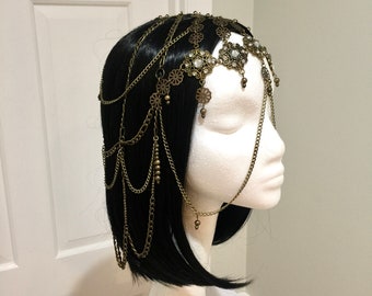 Bronze and Clear Color Headpiece, Head Jewelry, Cleopatra Metal Head Piece Cap, Hair Accessory, Handmade Arabian Adjustable Headdress