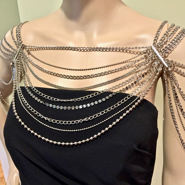 Silver Color Shoulder Chains. Draped Shoulder Necklace. Handmade Body Jewelry. Trendy Shoulder Jewelry. Modern Necklace. Fashion Body Chains