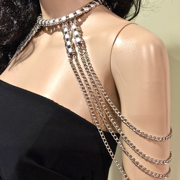 Silver Plated Beads Shoulder Necklace. Draped Layered Shoulder Body Jewelry Harness Nickel Free Chains. Bridal Silver Necklace Accessories