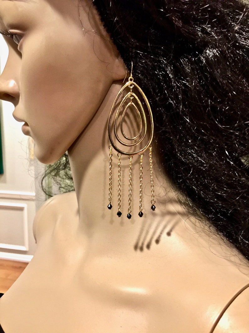 Chandelier Earrings. Gold and Black Dangle Earrings. Long Drop Etsy