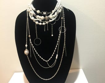 Statement Jewelry, Set of Six Necklaces, Adjustable Chunky Glass Pearls Chokers, Modern Messy Handmade, Wedding Opera Office, White Silver