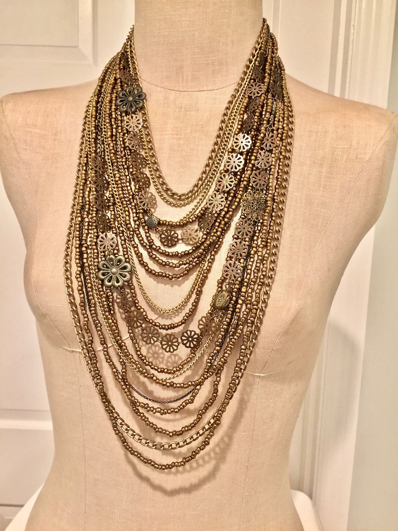 Chunky Bronze Color Necklace Multiple Strands Layers Etsy