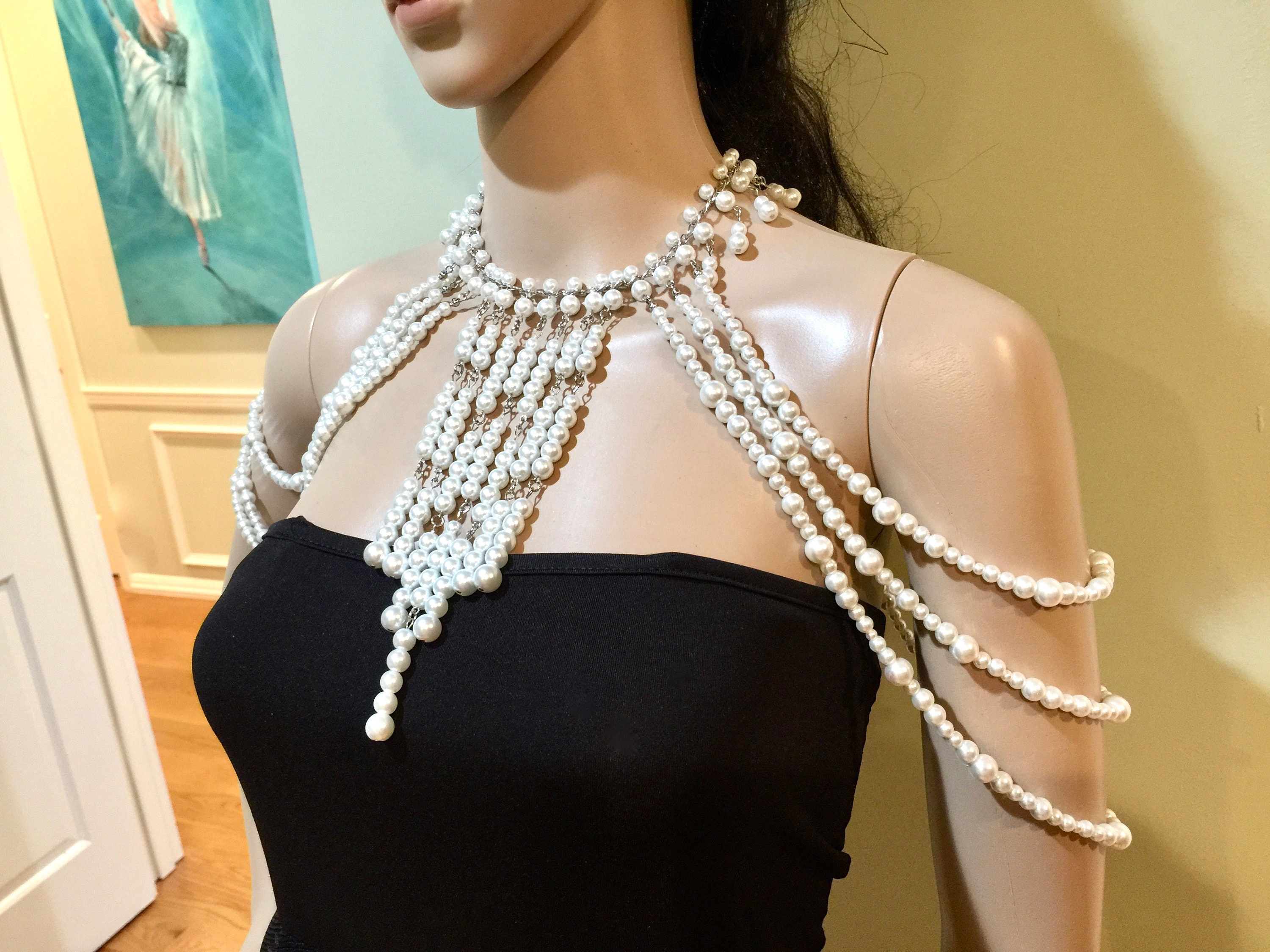 Great Gatsby-schouderketting, handgemaakte huwelijkssieraden, stijlvolle bruids glazen parel schouderketting, witte ketting, parelarmkettingen