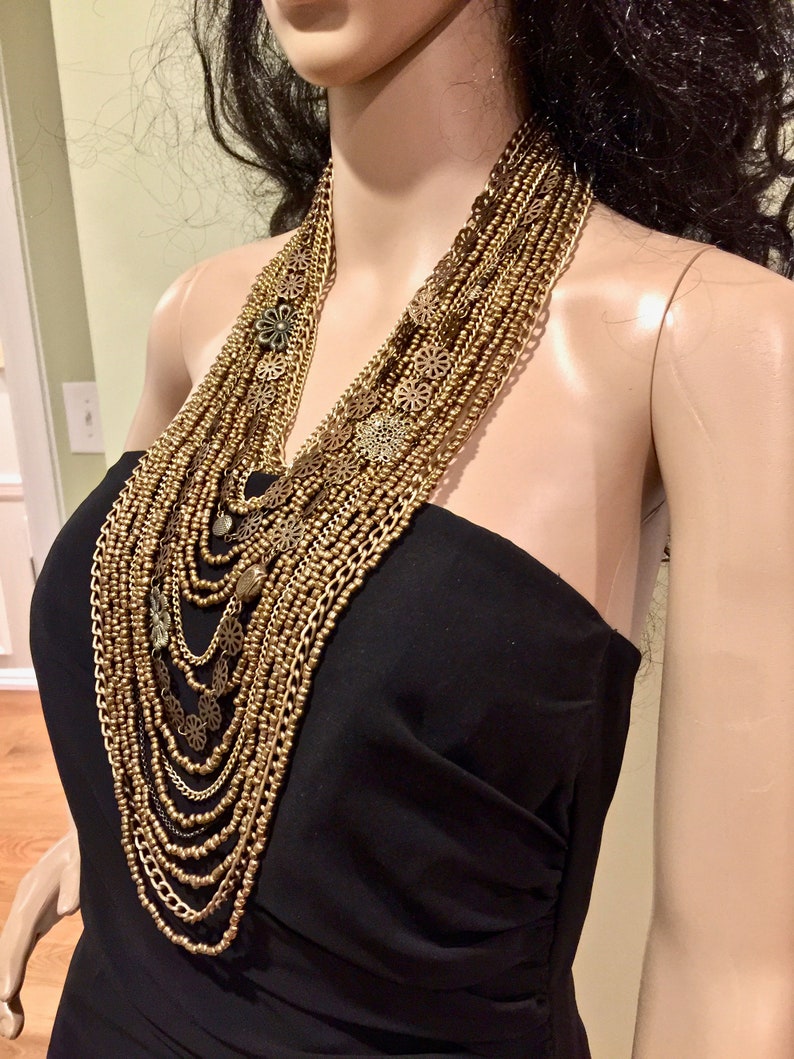 Chunky Bronze Color Necklace Multiple Strands Layers Etsy