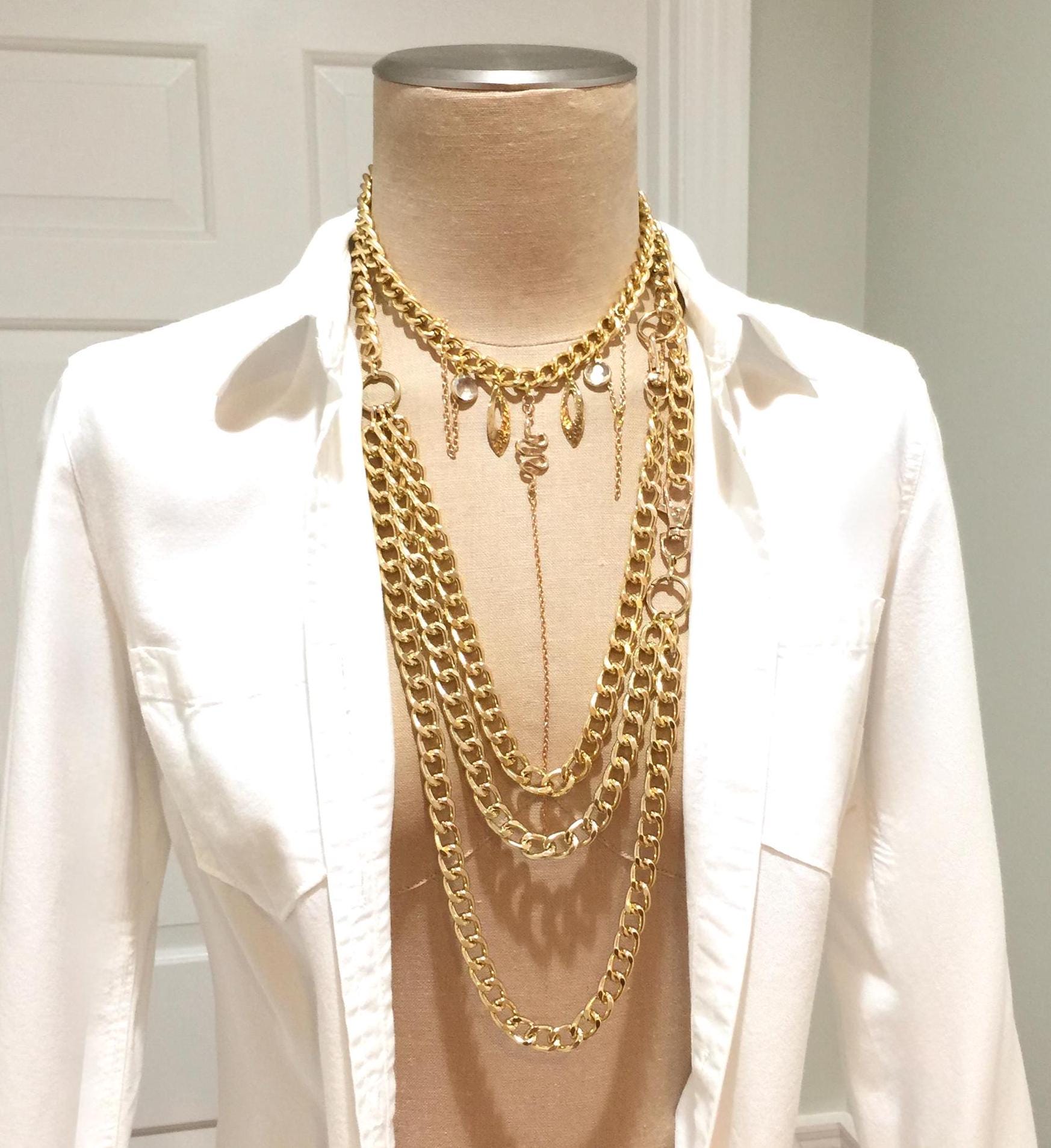 Modern Set of 2 Gold Tone Necklaces, Light Metal Choker, Handmade Rock Boho Jewelry, Adjustable Length Chunky Long, Unisex Body Chains Snake