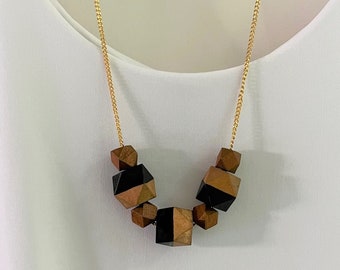 Geometric necklace, Brown and black wooden beads necklace, Hexagon beads necklace, Geometric necklaces for women, Geometric Jewellery