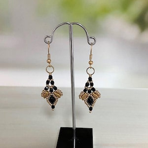 Black dangle statement earrings, Black gold long earrings, Black boho beaded earrings, Gold black jewelry for women