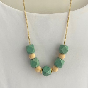 Mint green chunky necklace, Geometric wood beads necklace, Bold modern necklace for women, Mint green and yellow statement necklace