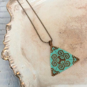 Turquoise and bronze pendant necklace, Geometric pendant necklace, Triangular pendant for women, Triangle beaded necklace, Turquoise jewelry
