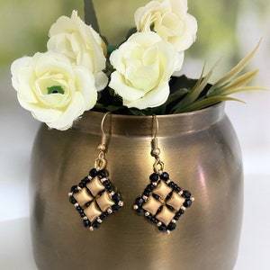 Black gold dangle earrings, Black evening earrings, Gold black boho beaded earrings, Black simple earrings, Black jewelry for women