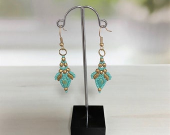 Turquoise boho beaded earrings, Turquoise dangle statement earrings, Turquoise gold long earrings, Gold turquoise jewelry for women