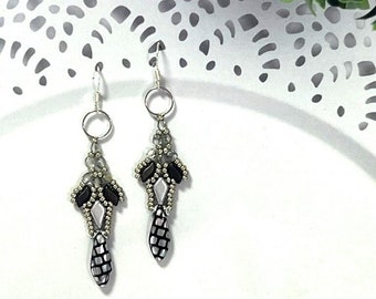 Black dangle statement earrings, Black and silver long earrings, Silver black evening earrings, Black silver earrings for women