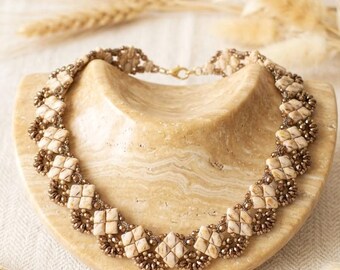Cream and bronze beaded necklace, Statement geometric boho collar