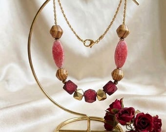 Red & Gold geometric bold necklace, Chunky wooden bead statement necklace