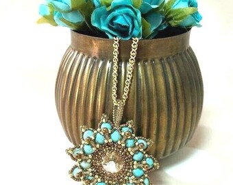 Bronze and turquoise flower pendant, Beaded floral statement necklace
