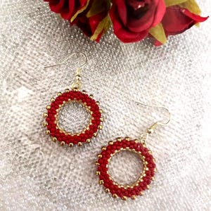 Red gold hoop earrings, Dangle statement hoop earrings, Beaded earrings for women, Christmas gifts for your wife, or mom, Shiny red jewelry