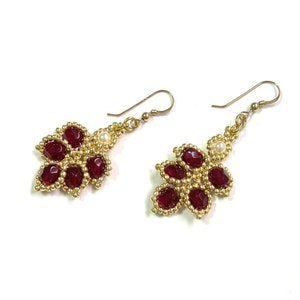 Red and gold dangle earrings, Statement red earrings for women, Beaded earrings, Red jewelry, Valentine&#39;s Day gift, Red petal earrings