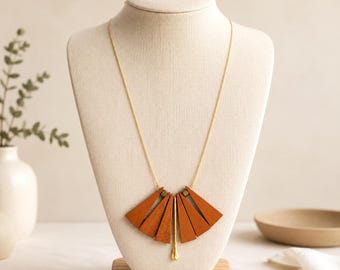 Long brown triangle wood necklace, Modern boho geometric necklace