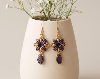 Handmade purple and gold beaded dangle earrings, Long statement earrings