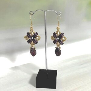 Long purple earrings, Purple and gold dangle earrings,  Unique statement dangle earrings for women, Handmade beaded earrings, Purple Jewelry