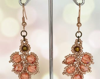 Peach dangle leaves earrings, Bronze beaded statement earrings, gift for mom