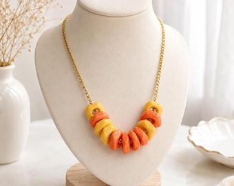 Orange and yellow acrylic beads necklace, Chunky bold statement necklace