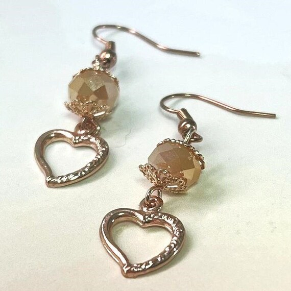 Heart Dangle Earrings, Small Rose Gold Tone Earrings, Asymmetric