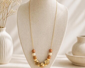 Gold wood beads bold statement necklace, Geometric modern necklace
