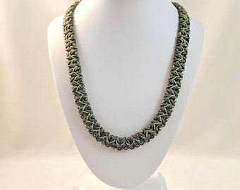 Green gold beaded statement necklace, Elegant bib necklace for women